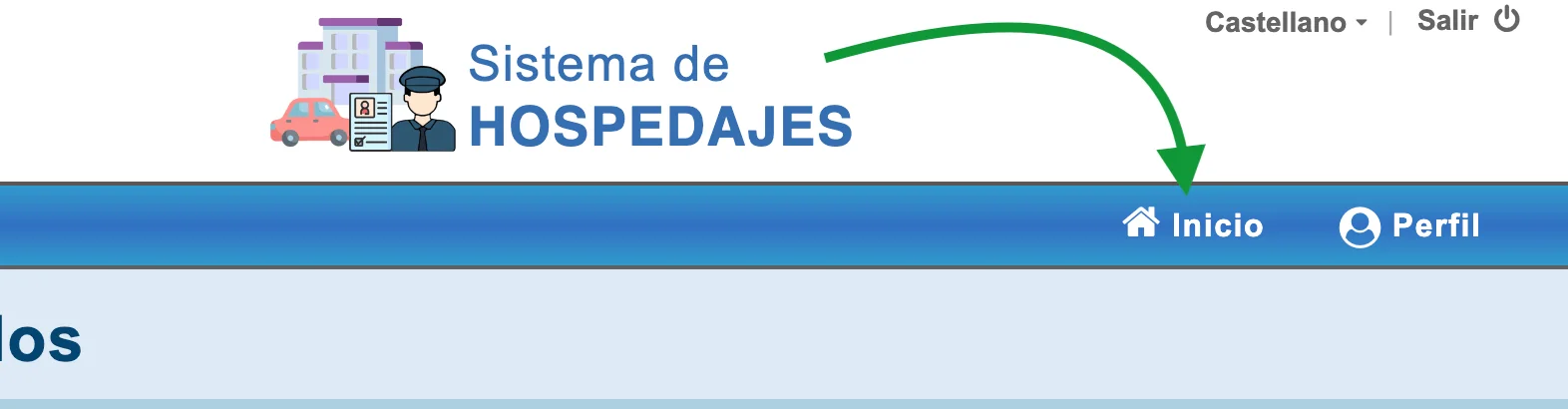 SES Hospedajes header with the ‘Inicio’ link highlighted.
