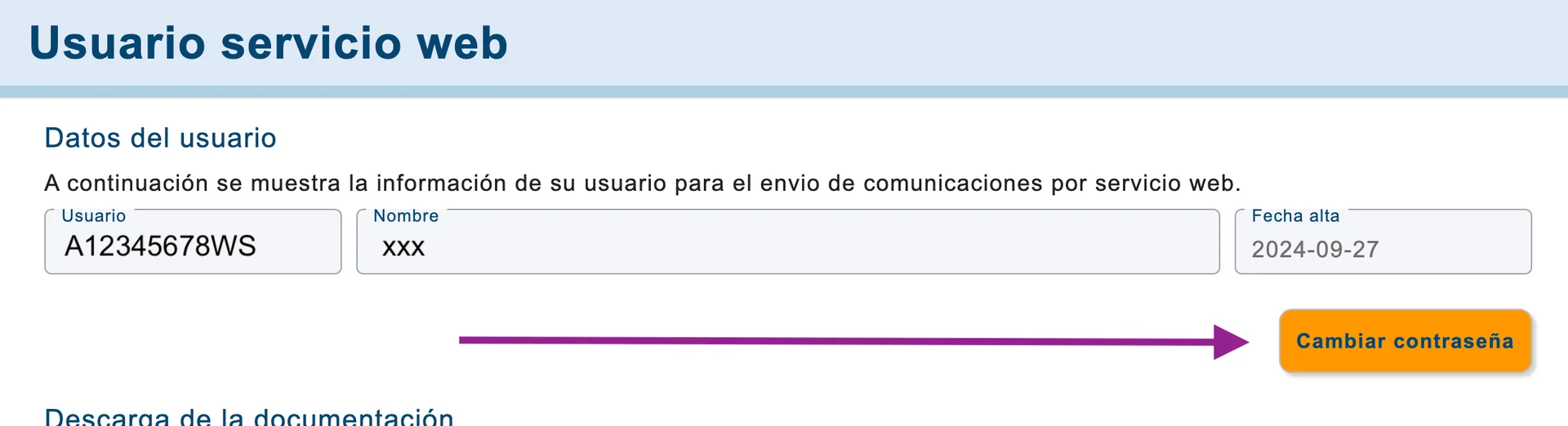 Web service user details with the ‘Cambiar contraseña’ button marked.