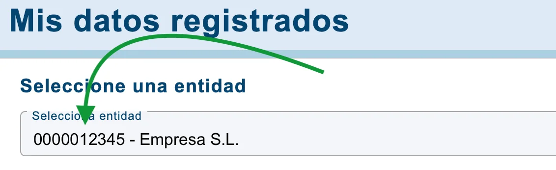 ‘Mis datos registrados’ screen with an entity selected.
