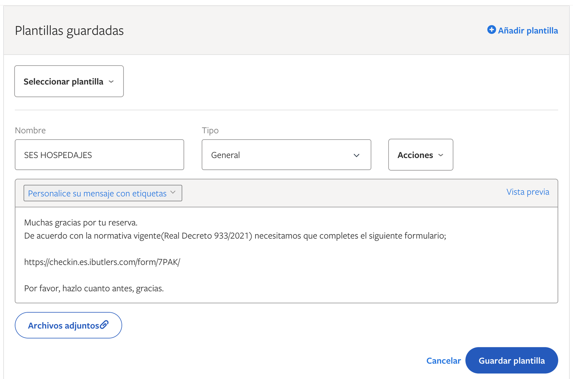 Vrbo's saved template editor with the SES Hospedajes message.