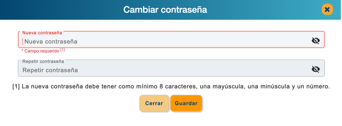 New web service password form with the ‘Cerrar’ and ‘Guardar’ buttons.