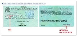 Front and back of an NIE card with the document support number highlighted.