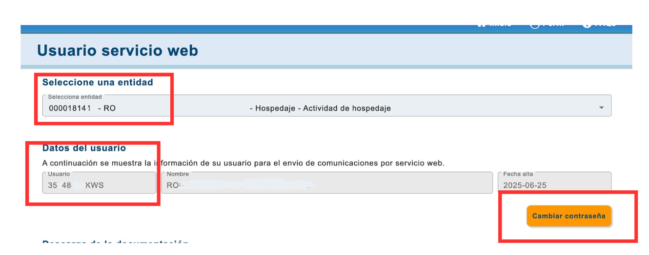“Usuario servicio web” screen showing the represented entity and the “Cambiar contraseña” button.