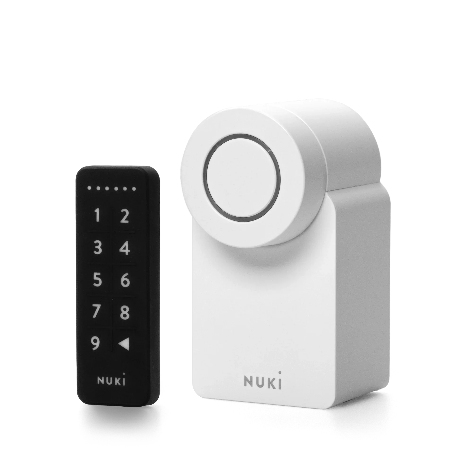 Numeric keypad and Nuki smart lock against a black background.