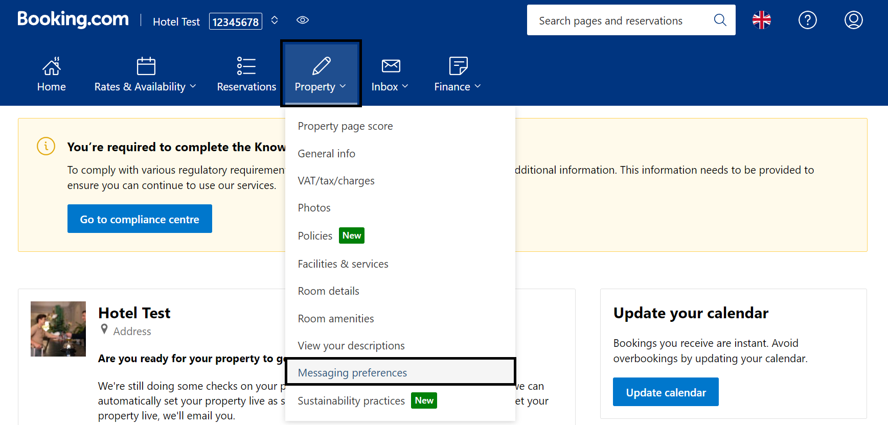 Booking.com's ‘Property’ menu with ‘Messaging preferences’ selected.