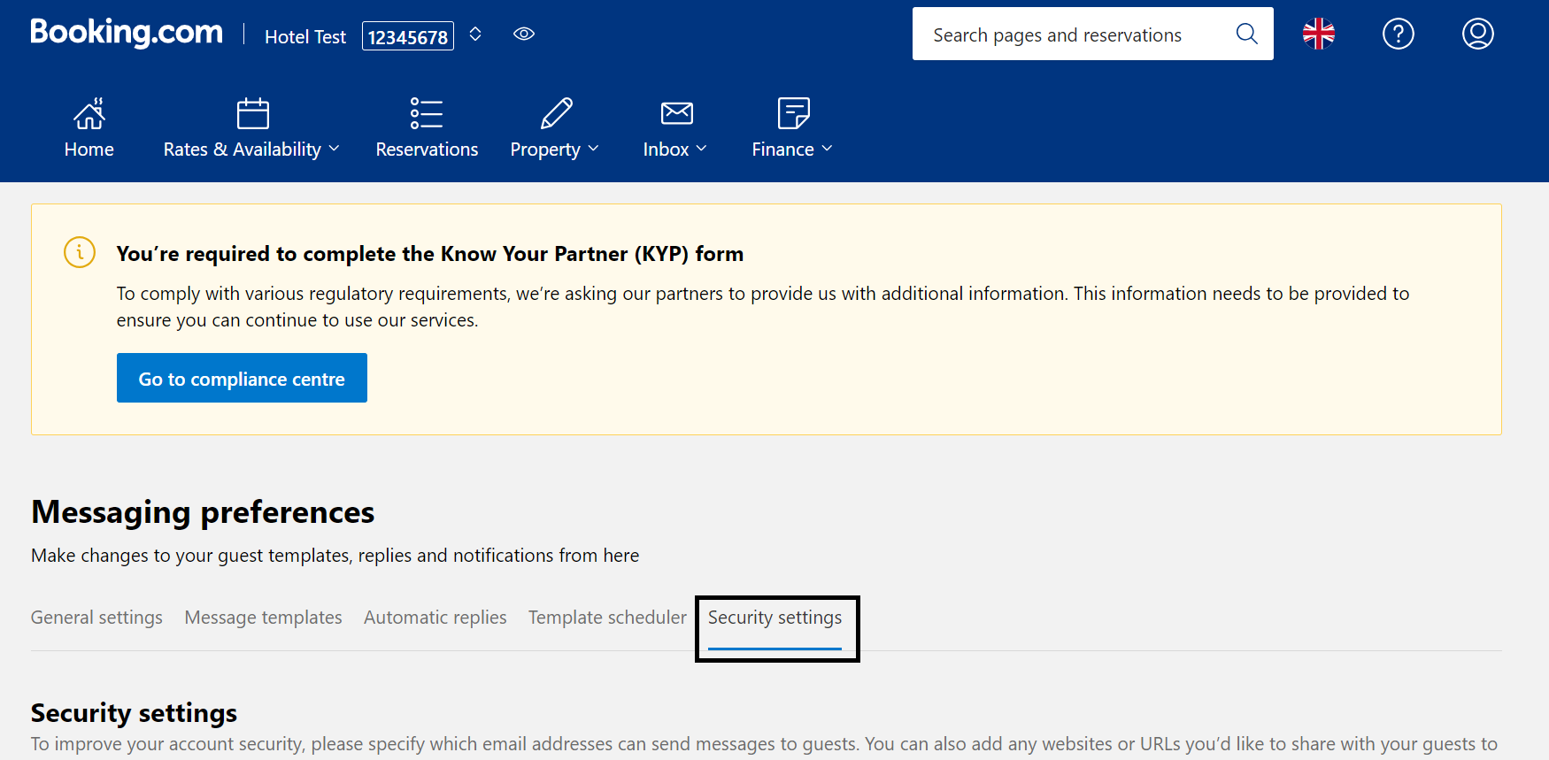 Booking.com messaging preferences showing the ‘Security settings’ tab.