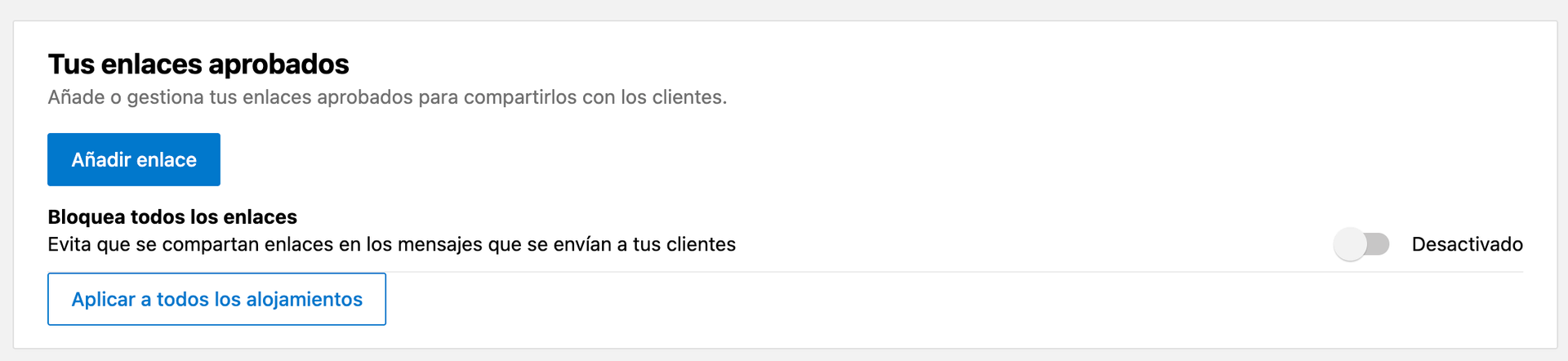 Booking.com approved links panel showing the ‘Añadir enlace’ button.