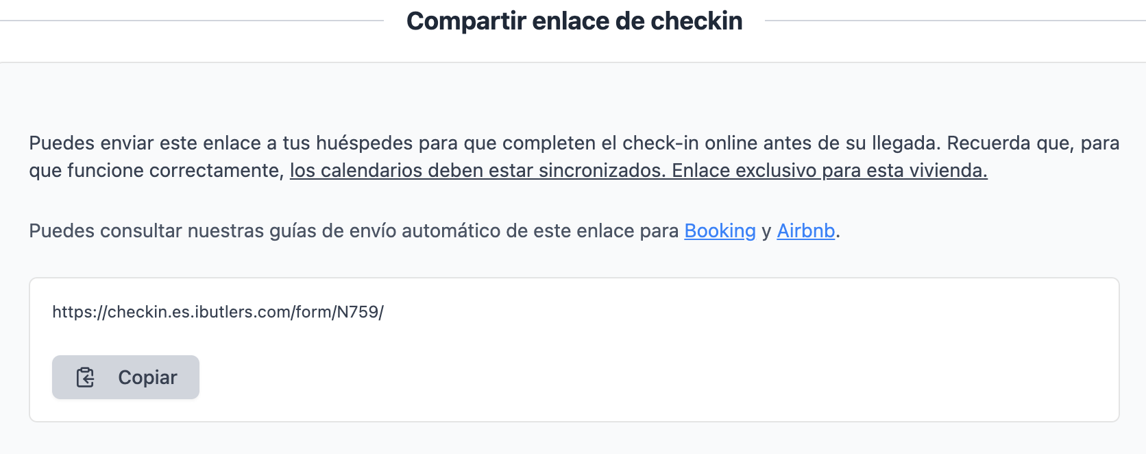 iButlers panel for sharing the check-in link, with the ‘Copiar’ button.