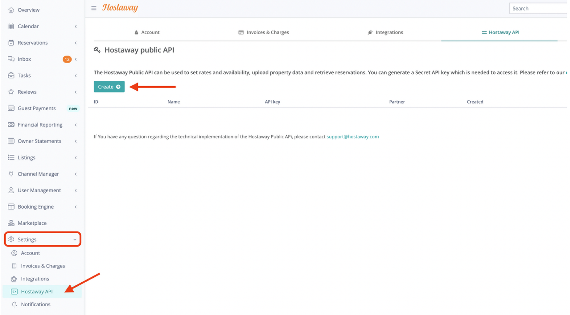 Hostaway settings under ‘Hostaway API’, with the ‘Create’ button indicated.