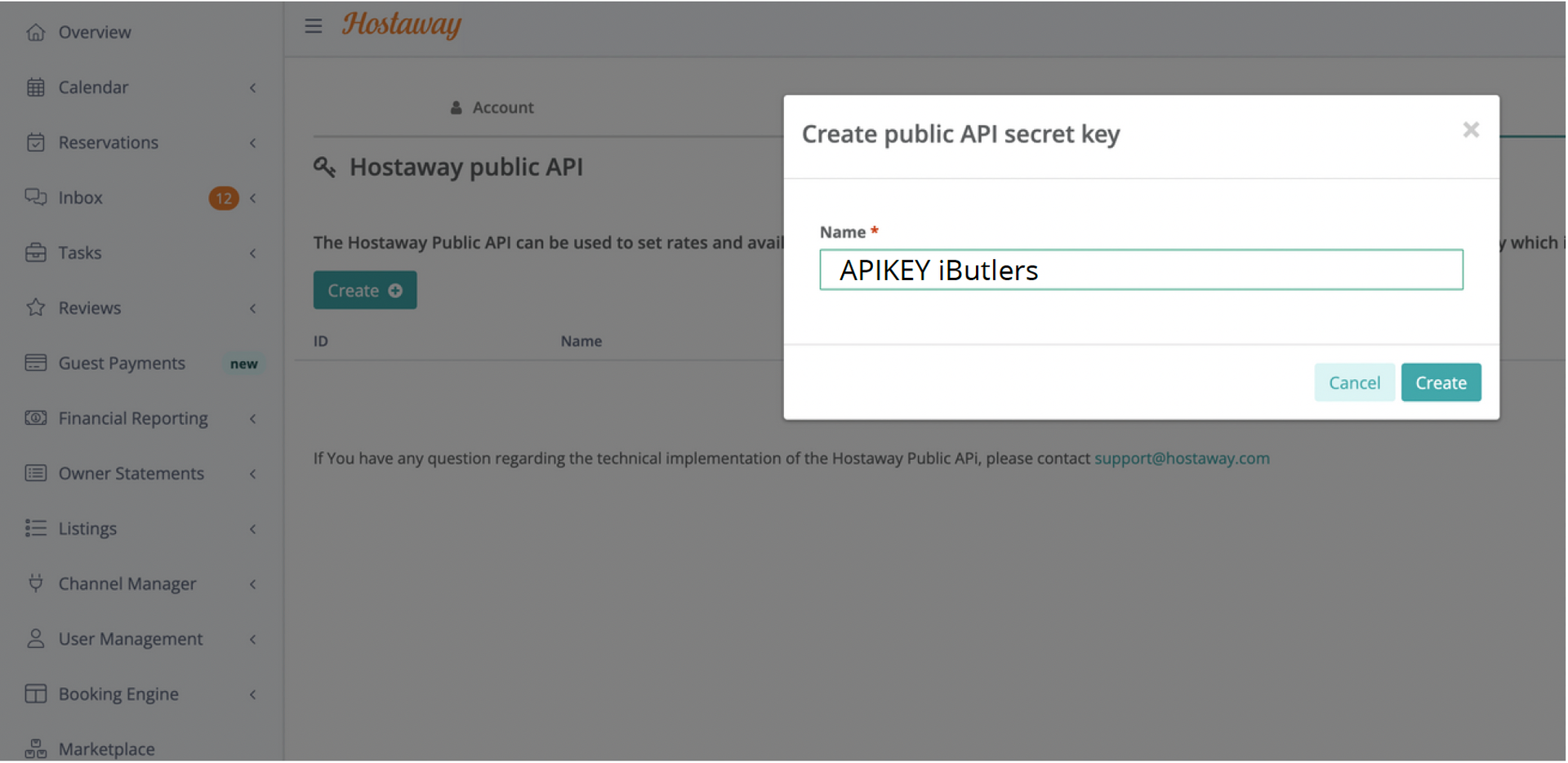 Hostaway window for naming a new API key.