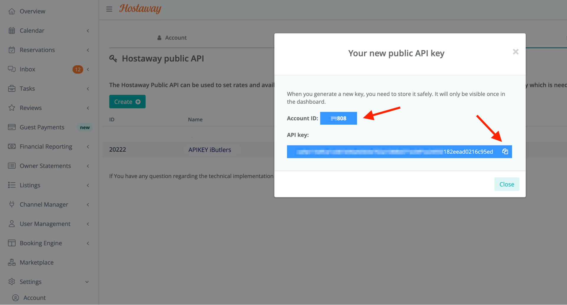 Hostaway window with the Account ID and new API Key highlighted.