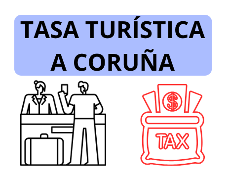Ilustración de la tasa turística en A Coruña, con viajeros y símbolo de impuesto.