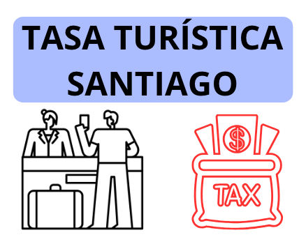 Ilustración de la tasa turística en Santiago de Compostela, con viajeros y símbolo de impuesto.