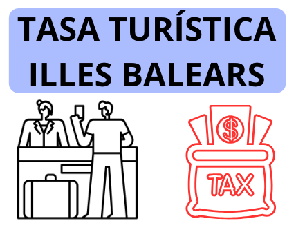 Ilustración de la tasa turística en Illes Balears, con viajeros y símbolo de impuesto.