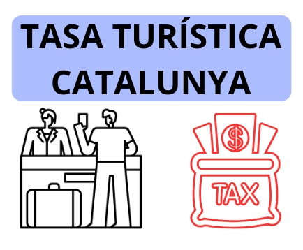 Ilustración de la tasa turística en Cataluña, con viajeros y símbolo de impuesto.