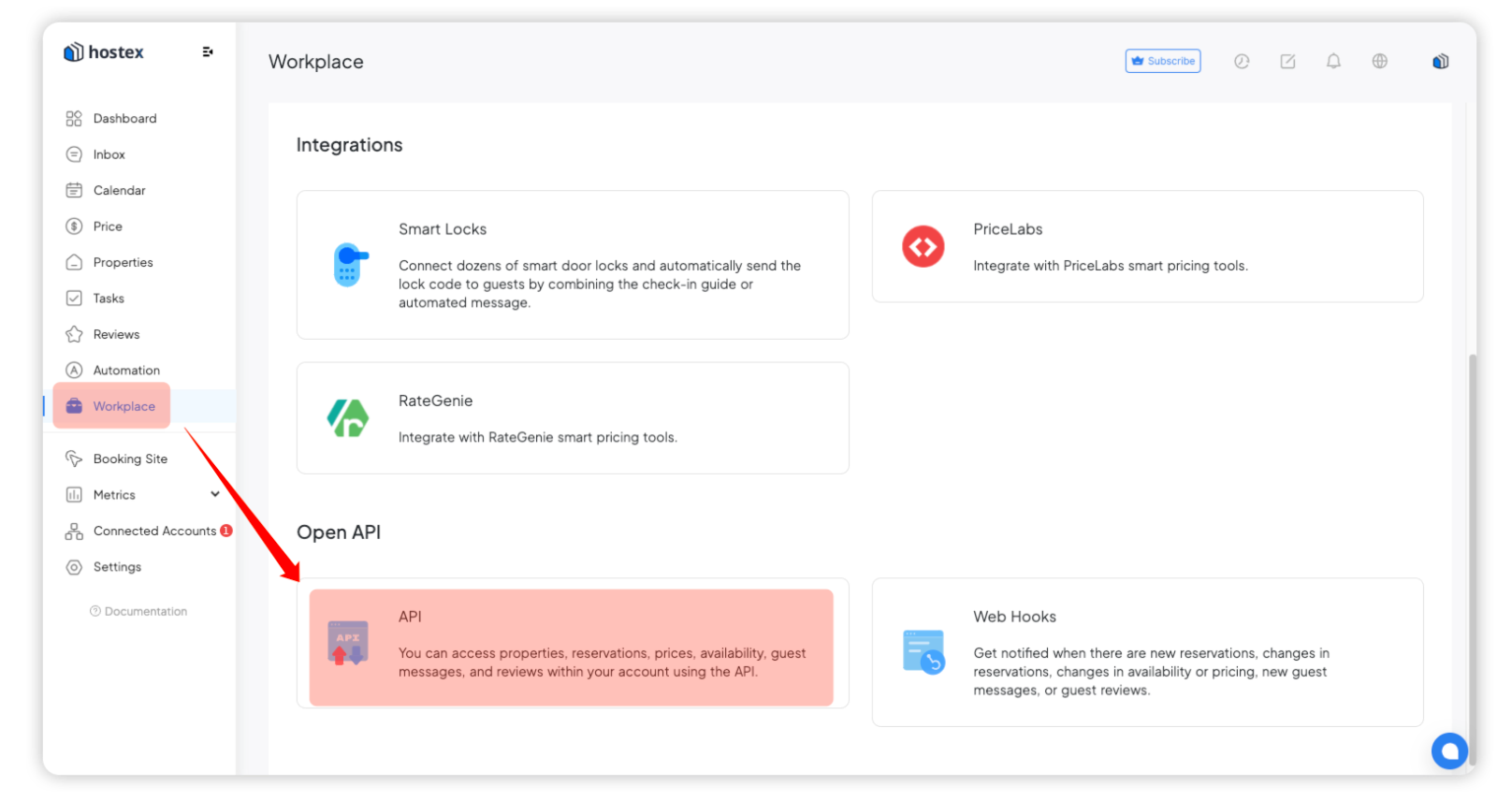 Hostex's ‘WorkPlace’ with the ‘Open API’ option highlighted.