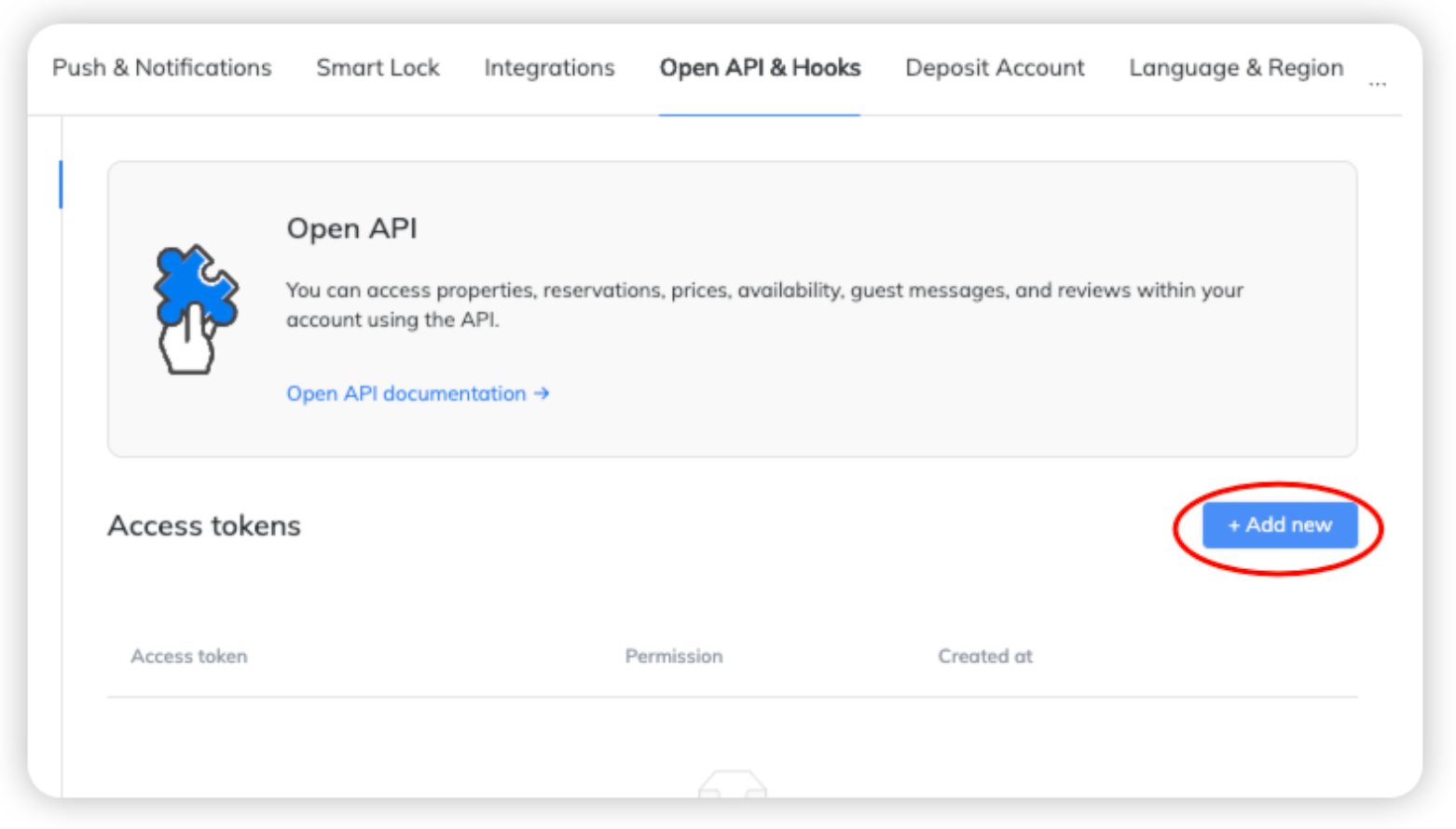 Hostex Open API screen with the ‘Add new’ button for creating a token.
