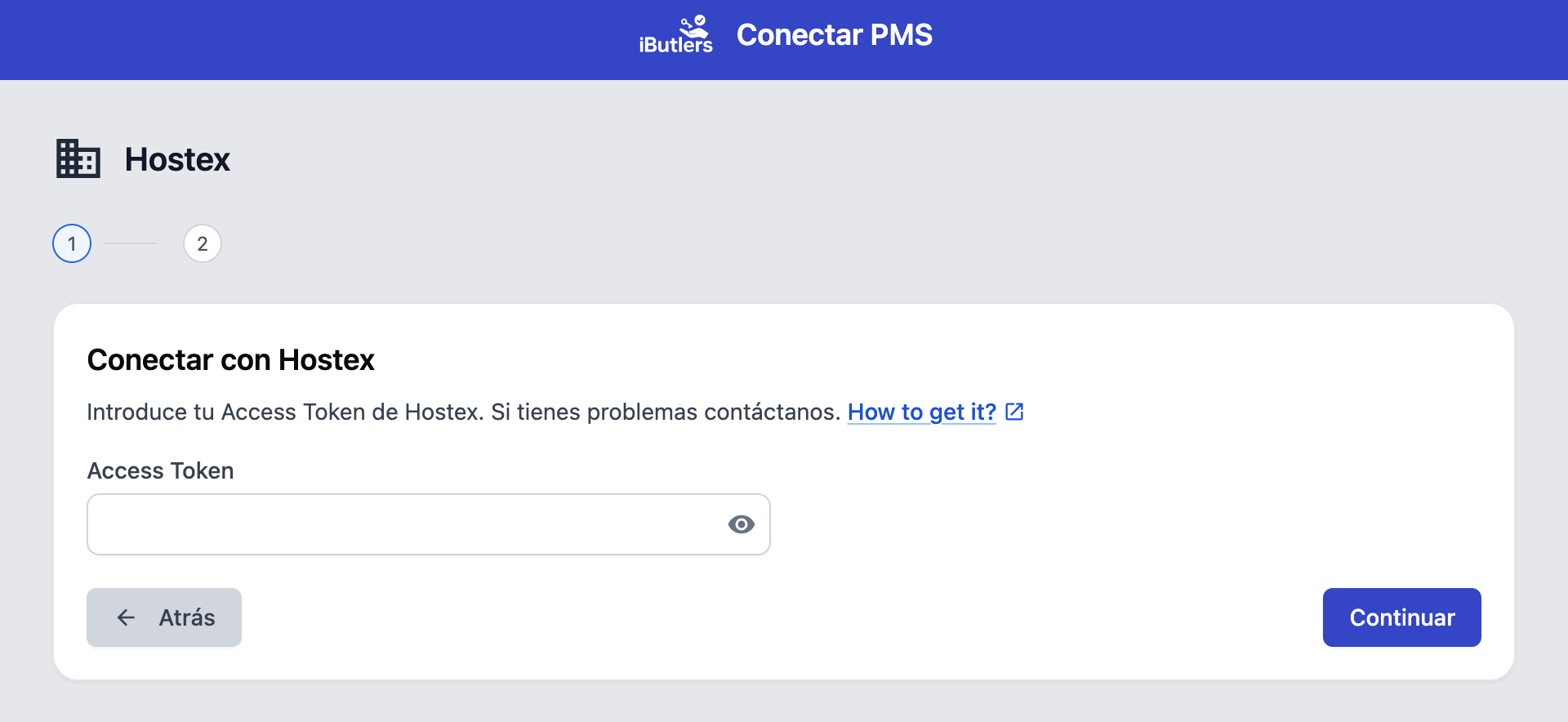 iButlers ‘Conectar PMS’ form for entering the Hostex Access Token.