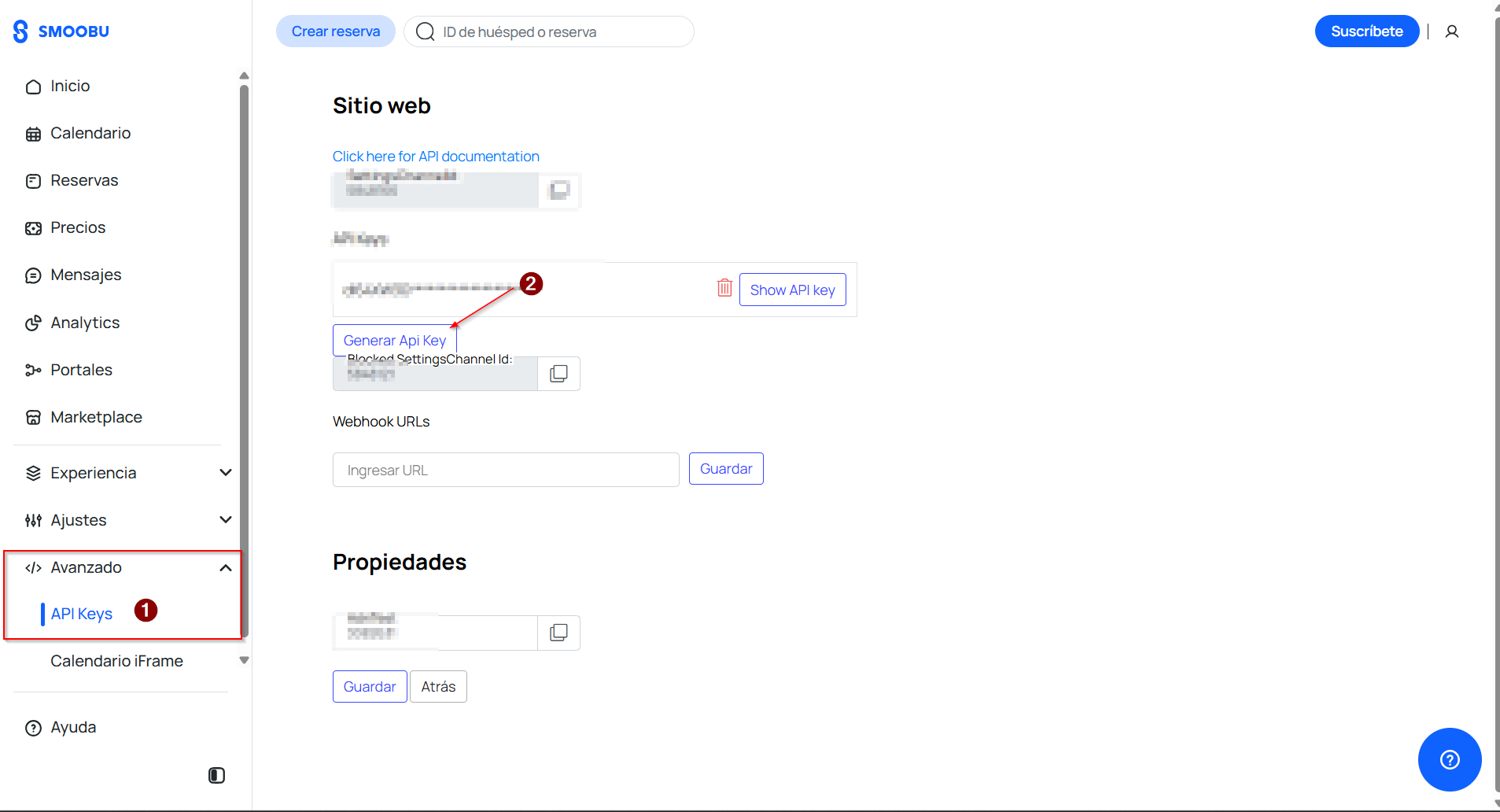 Smoobu's advanced settings under ‘API Keys’, with controls for generating and viewing keys.