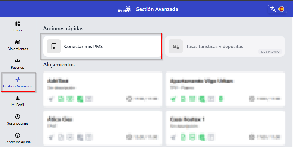 iButlers ‘Gestión avanzada’ screen with ‘Conectar mis PMS’ highlighted.