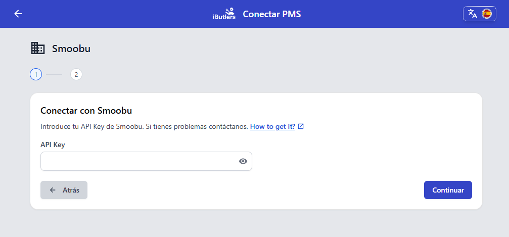 The iButlers ‘Conectar con Smoobu’ form for entering the API Key.