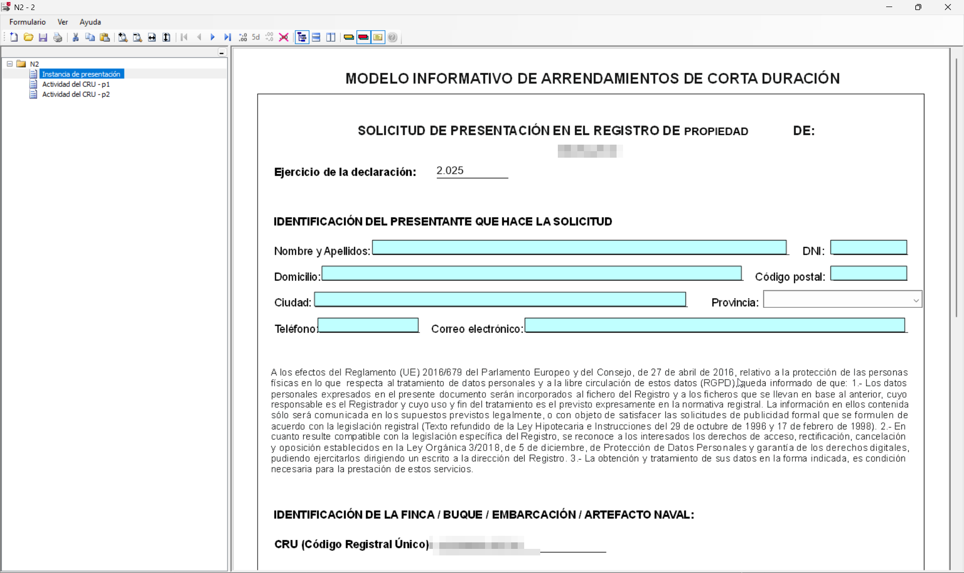 Short-term rental information return form in N2.