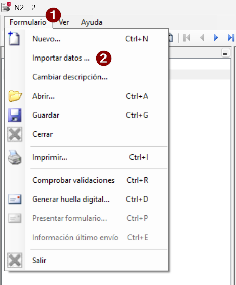 N2's ‘Formulario’ menu open, showing the ‘Importar datos’ option.