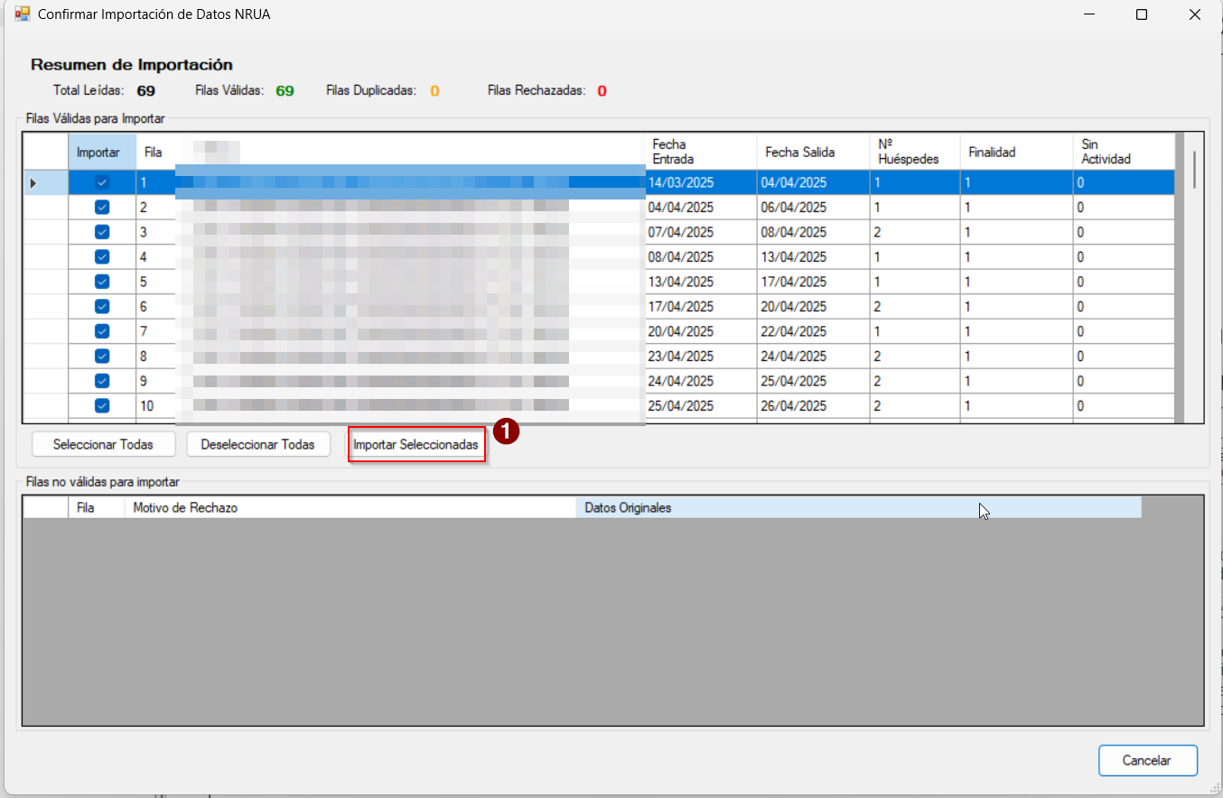 N2 import summary with selected rows and the ‘Importar seleccionados’ option.