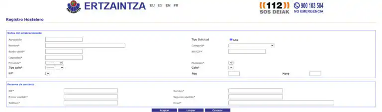 Ertzaintza ‘Registro Hotelero’ form for the accommodation details.