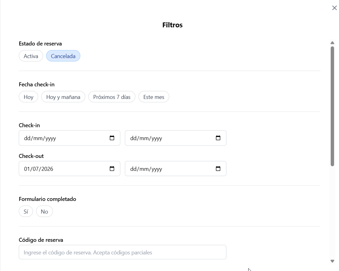 iButlers booking filters with the ‘Cancelada’ status selected.