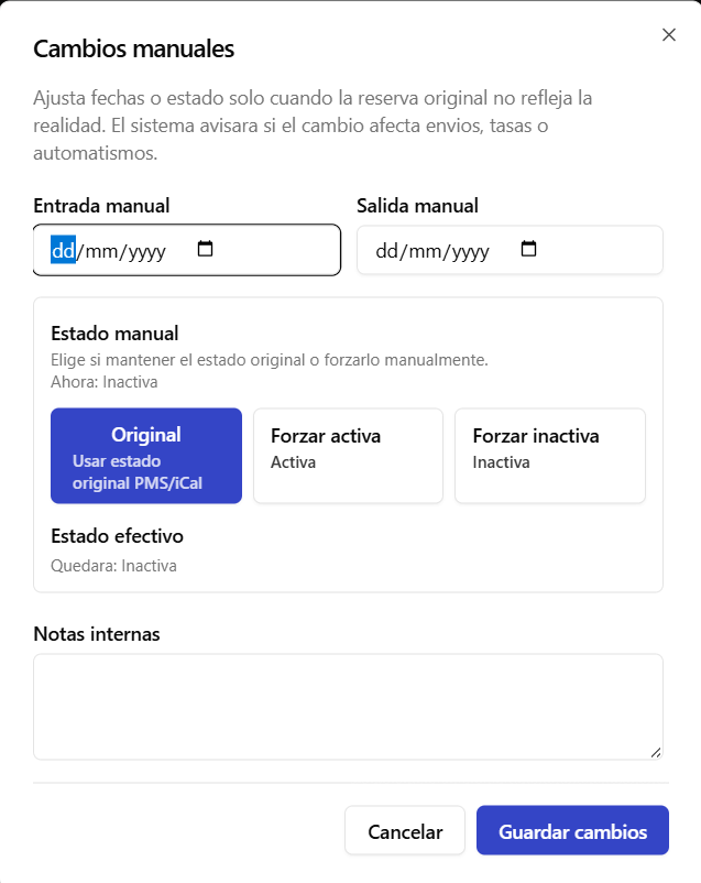 Manual booking edit form with dates, status and ‘Guardar cambios’.
