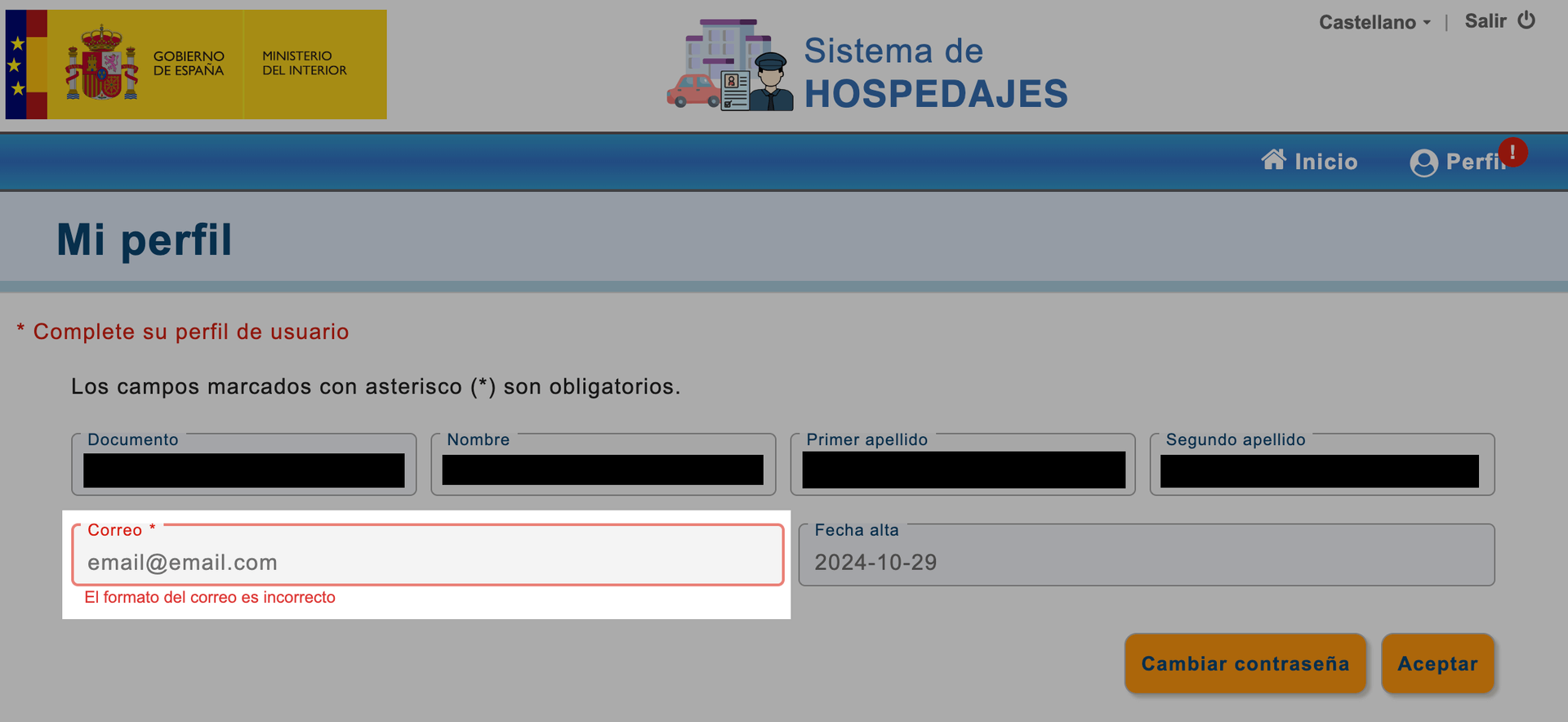 SES Hospedajes profile with a warning about an incorrectly formatted email address.