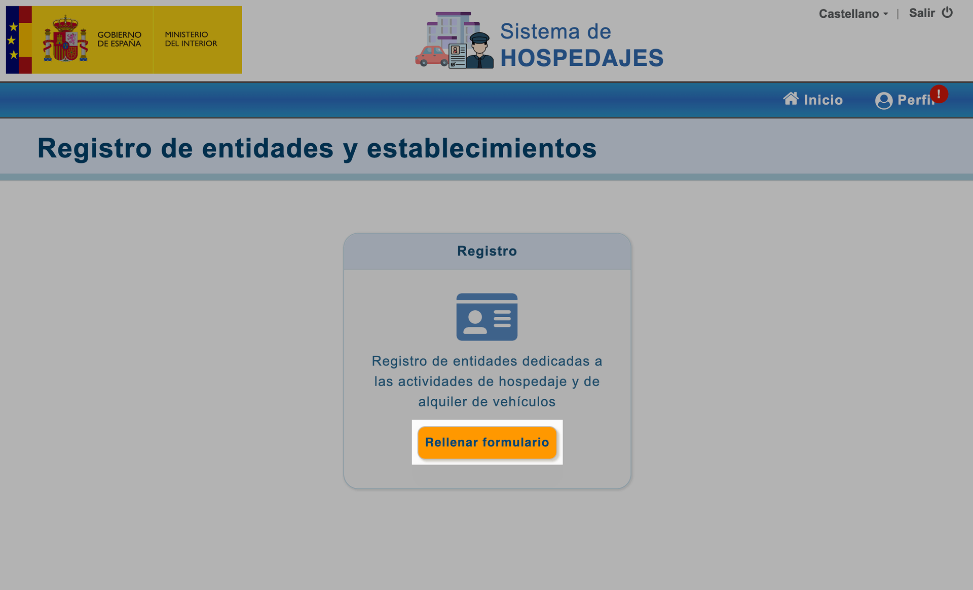 Entity and establishment registration with the ‘Rellenar formulario’ button.