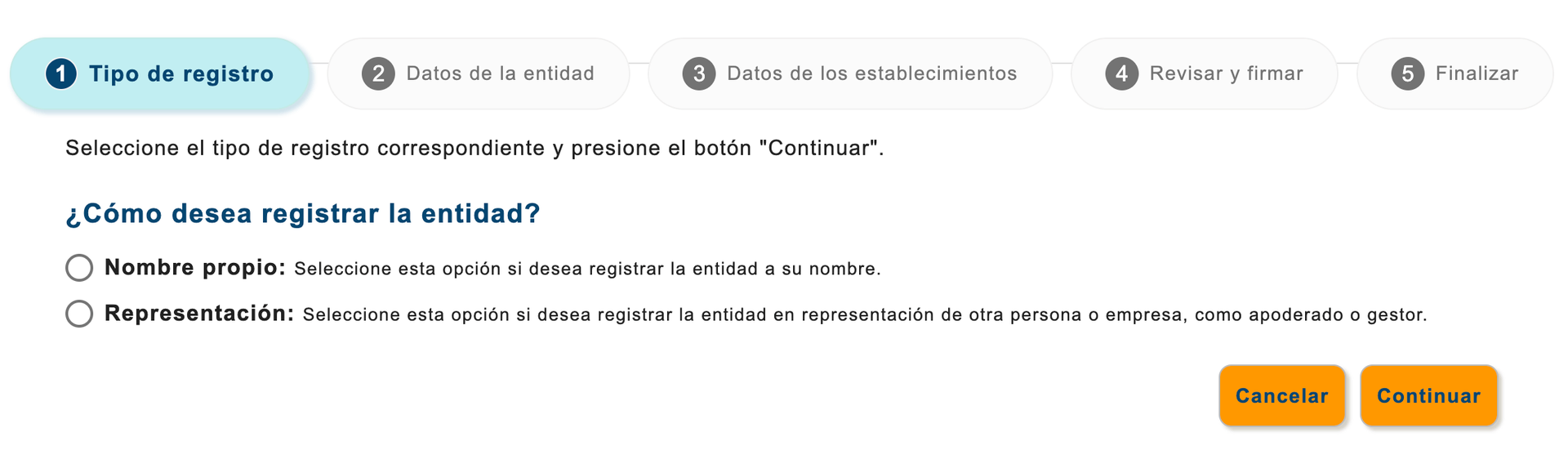 SES Hospedajes form for choosing whether to register on your own behalf or as a representative.