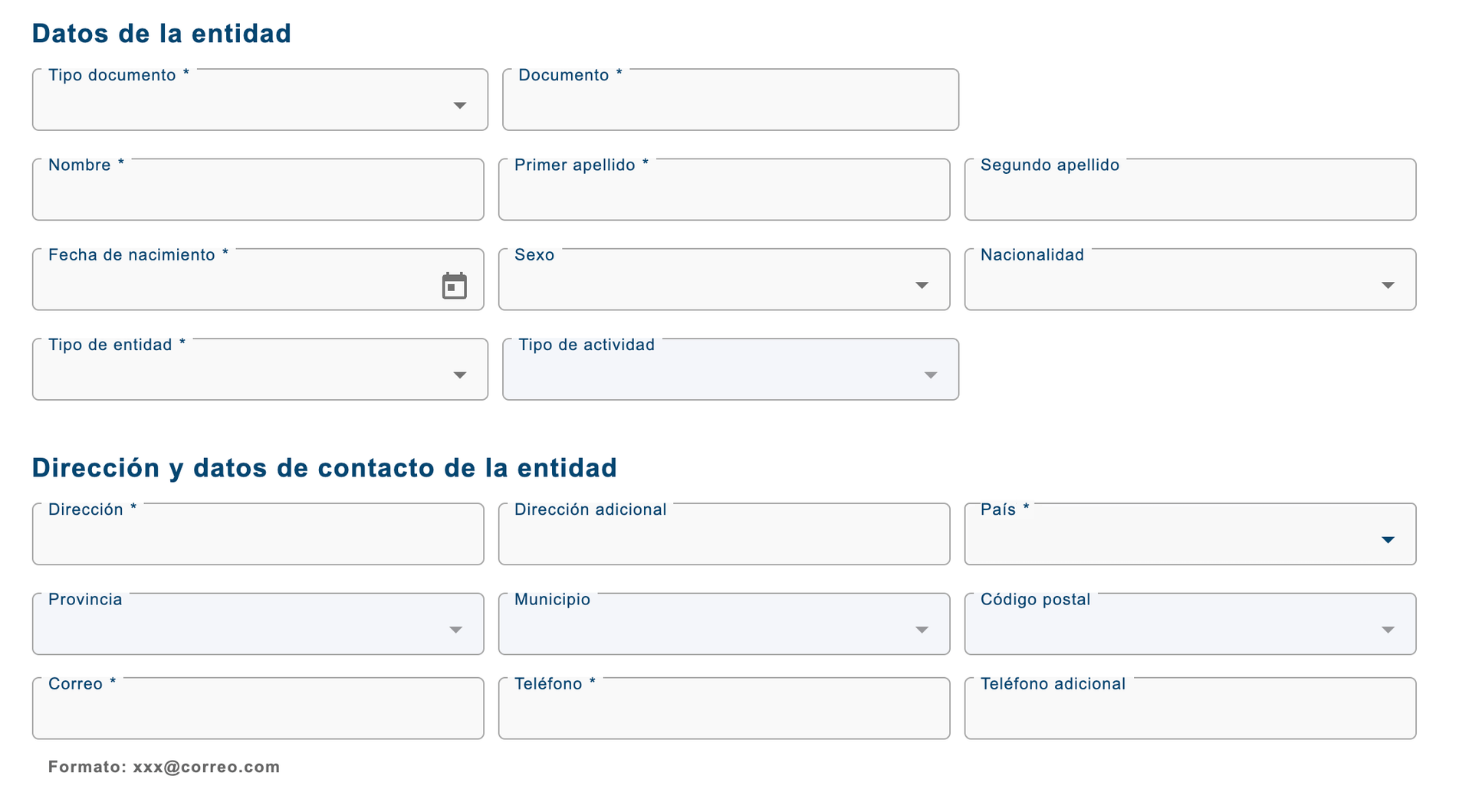 Form for the entity's details and address in SES Hospedajes.