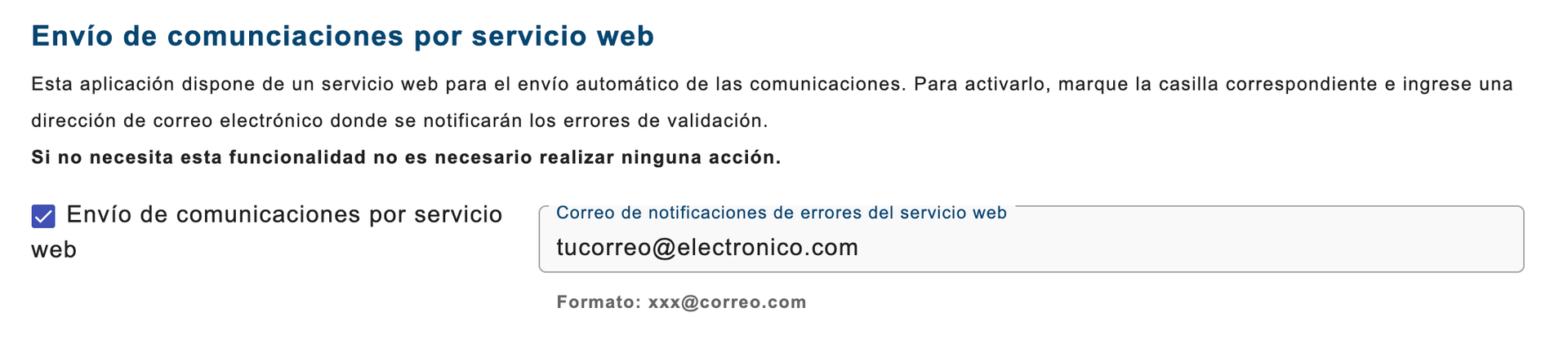 The ‘Envío de comunicaciones por servicio web’ option selected beside the notification email address.