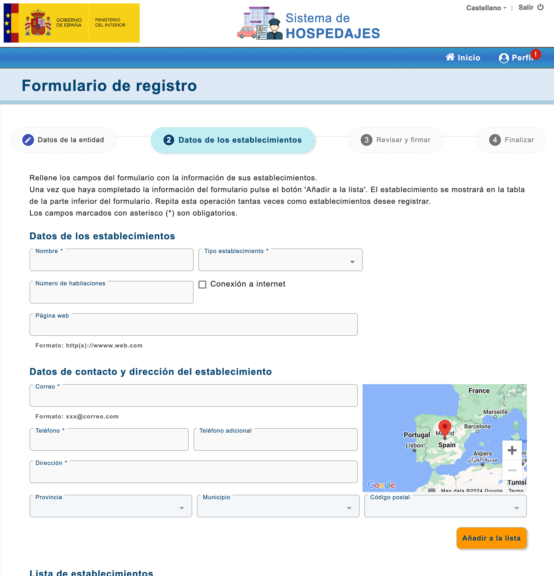 Establishment details form with a map and the ‘Añadir a la lista’ button.