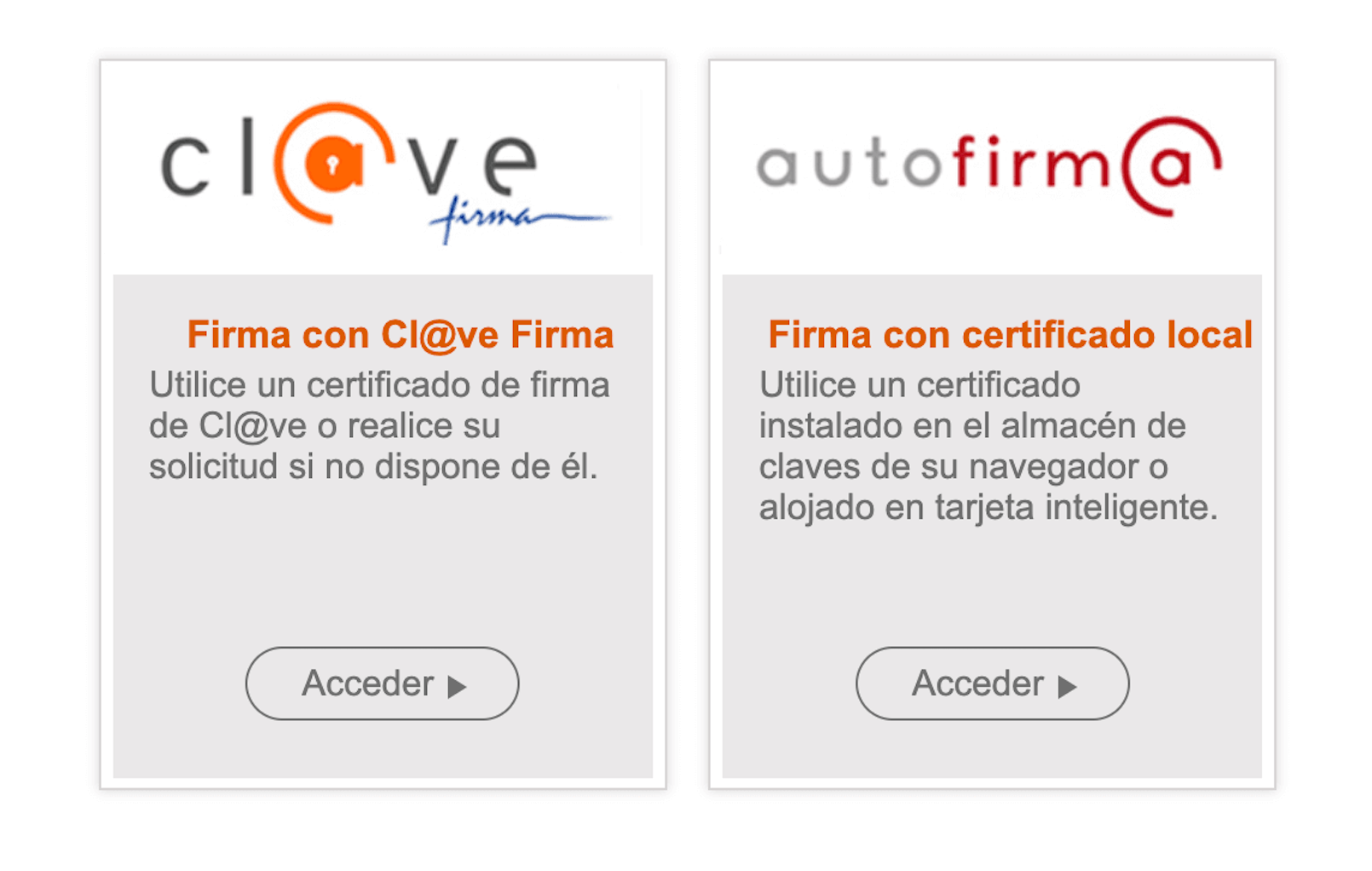 Options for signing the registration using Cl@ve Firma or a local certificate.