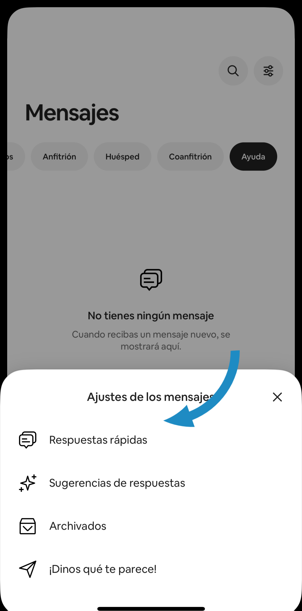 Airbnb messaging ‘Ajustes’ menu with the ‘Respuestas rápidas’ option.