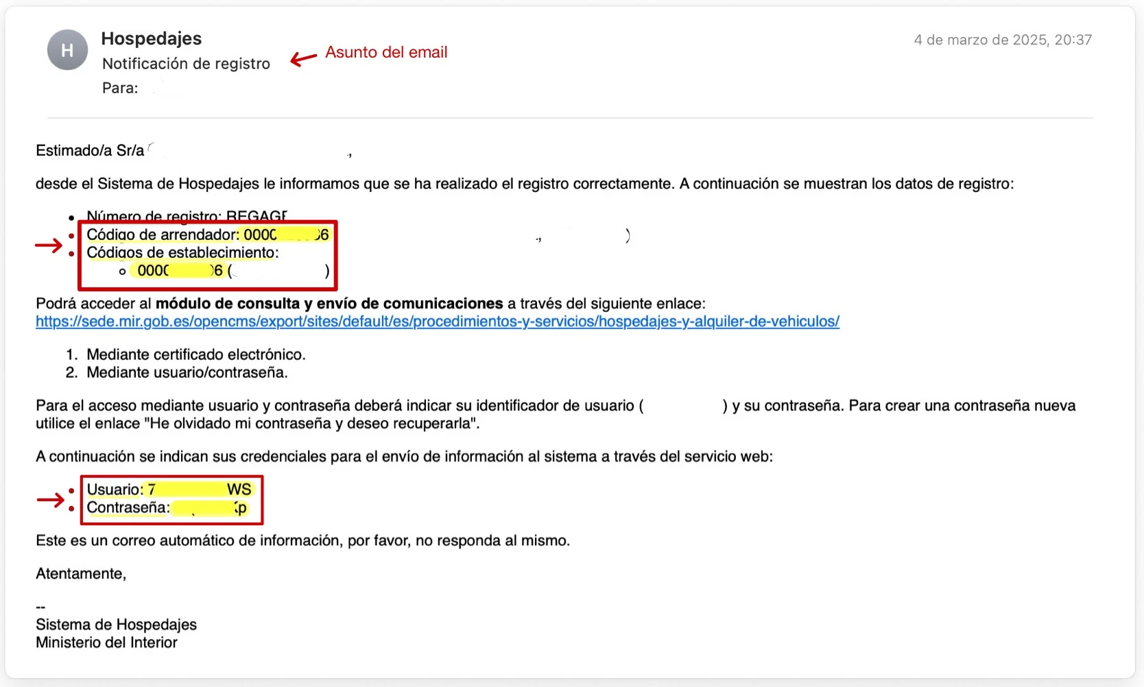 Email from SES Hospedajes with the registration codes and web service credentials highlighted.