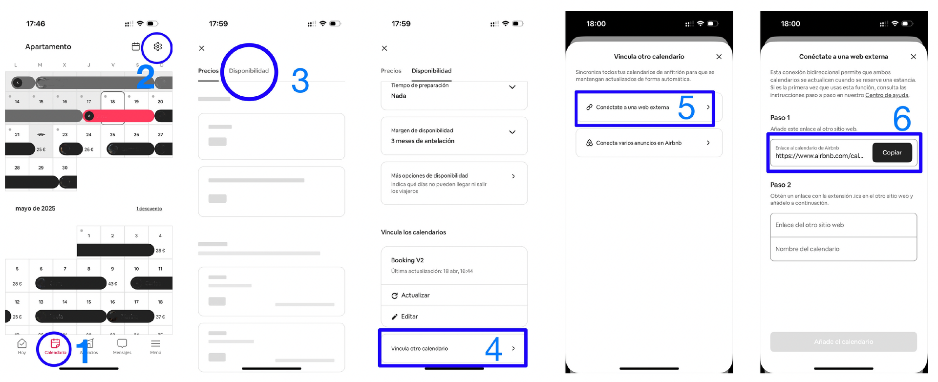 Airbnb mobile steps for exporting the calendar and copying its iCal link.