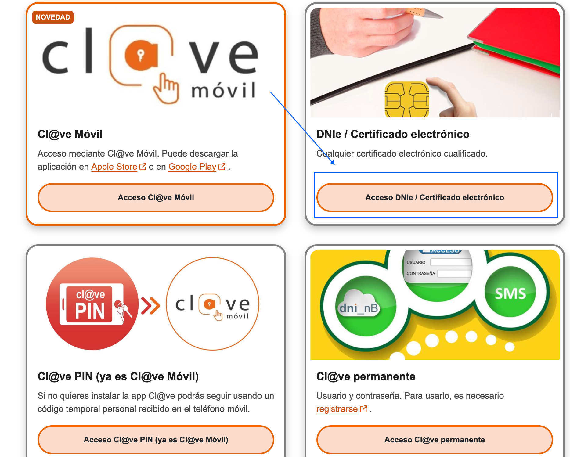Identification options: Cl@ve Móvil, electronic DNI, Cl@ve PIN and Cl@ve Permanente.
