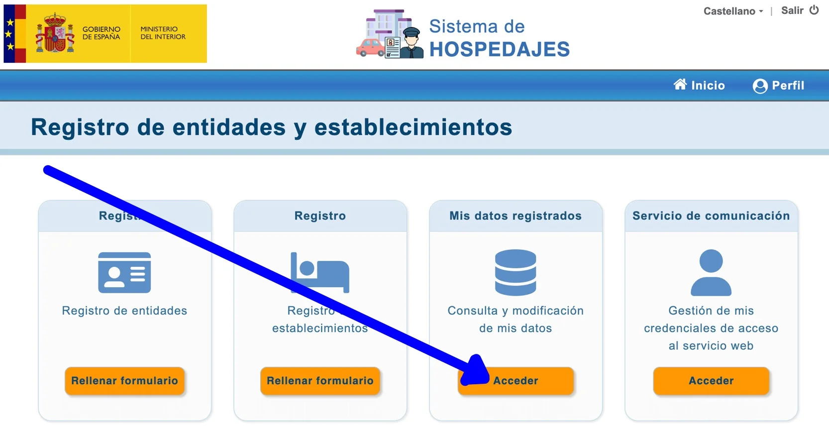SES Hospedajes registration homepage with ‘Mis datos registrados’ marked.