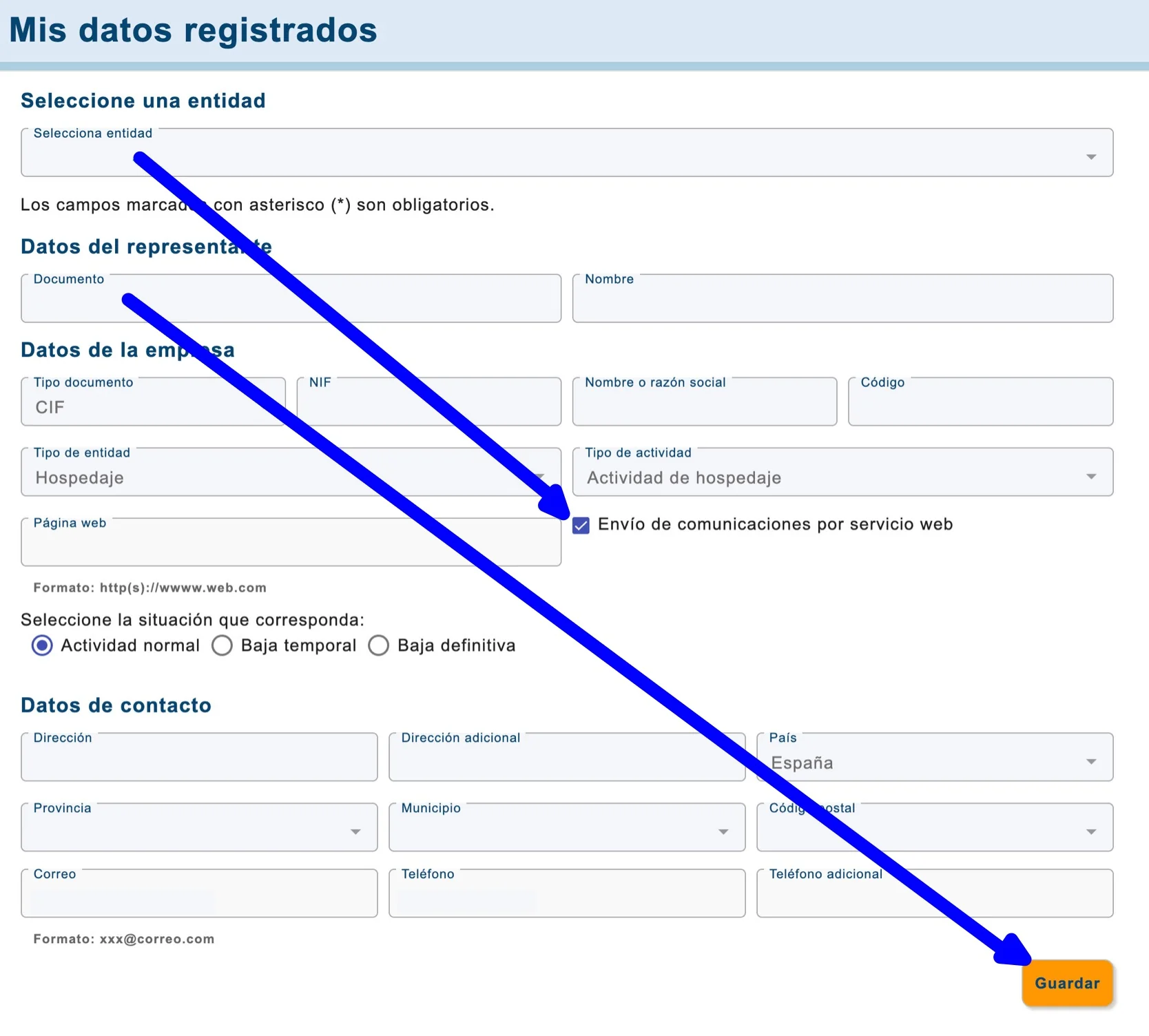 ‘Mis datos registrados’ form with the web service option and ‘Guardar’ highlighted.