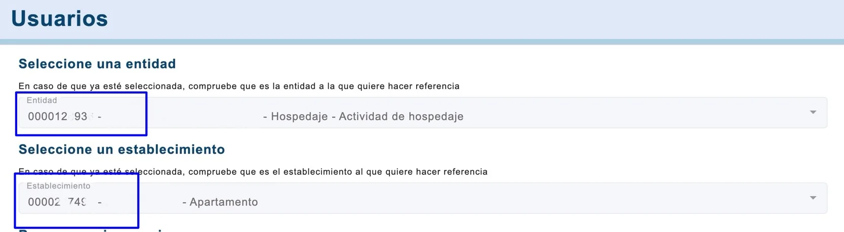 The ‘Usuarios’ screen in SES Hospedajes, with entity and establishment selectors.