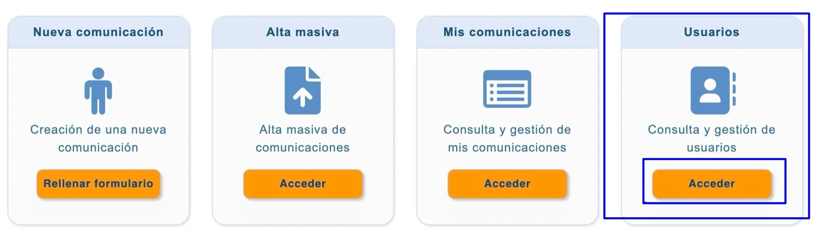 SES Hospedajes dashboard with the ‘Usuarios’ section and its ‘Acceder’ button highlighted.
