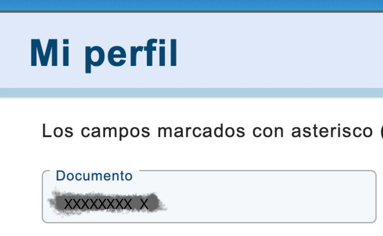 SES Hospedajes “Mi perfil” screen with the “Documento” field.