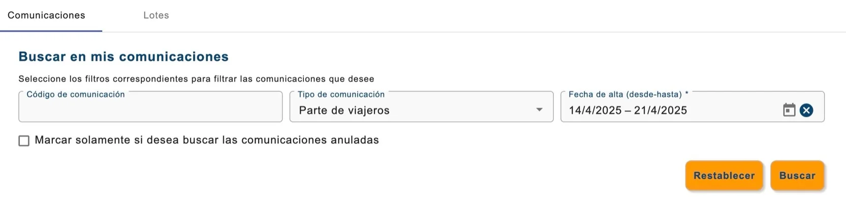 Submission search filtered by ‘Parte de viajeros’ and dates.