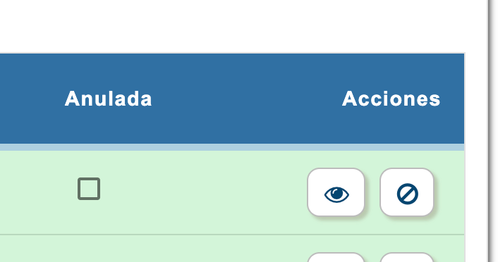Row for a cancelled report, with the view and cancellation buttons.