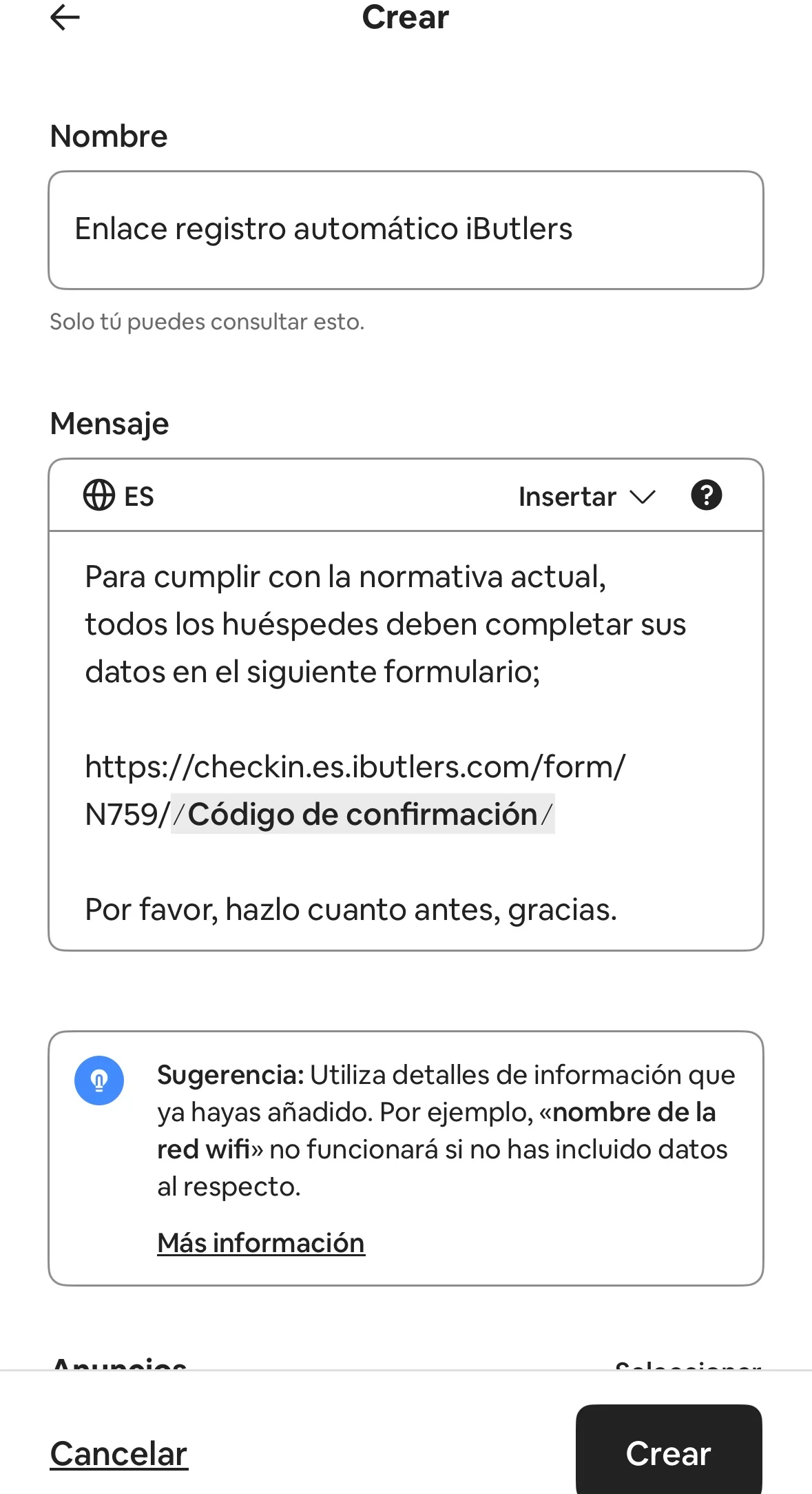 Airbnb quick reply with the link followed by the confirmation code.